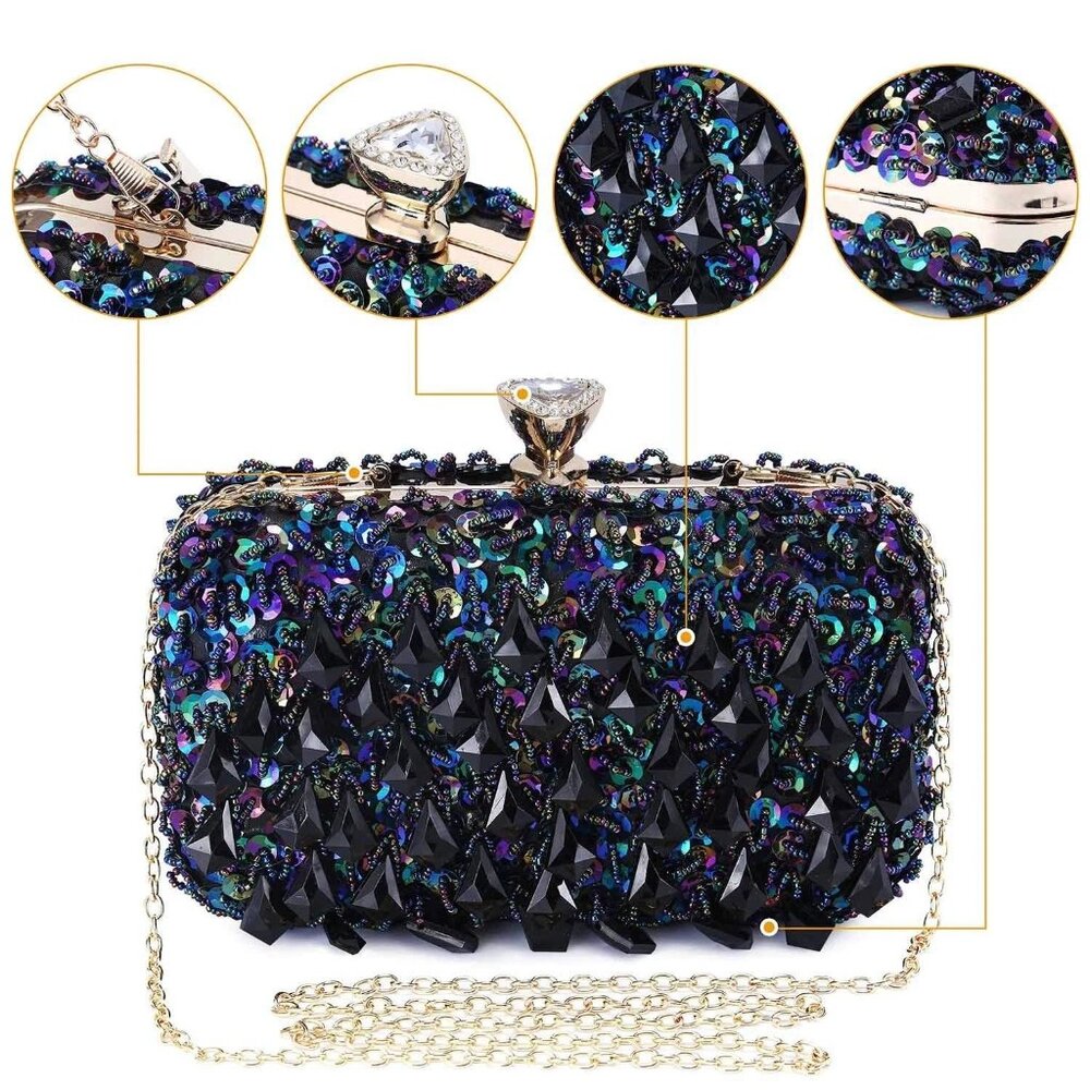 UBORSE Evening Clutch Shoulder Handbag NEW in Box Crystals Beads Sequin Formal - Picture 3 of 15